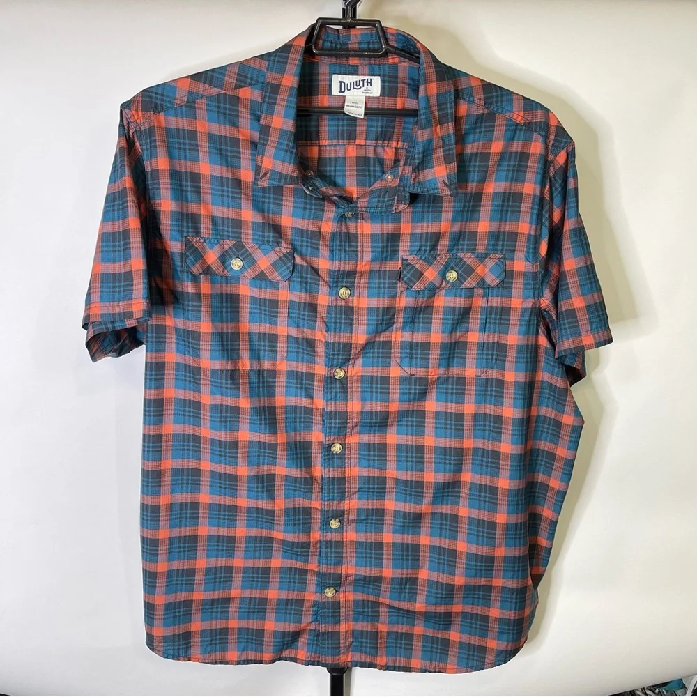 Duluth Trading Co Blue Orange Plaid Shirt Size 3XL Men’s